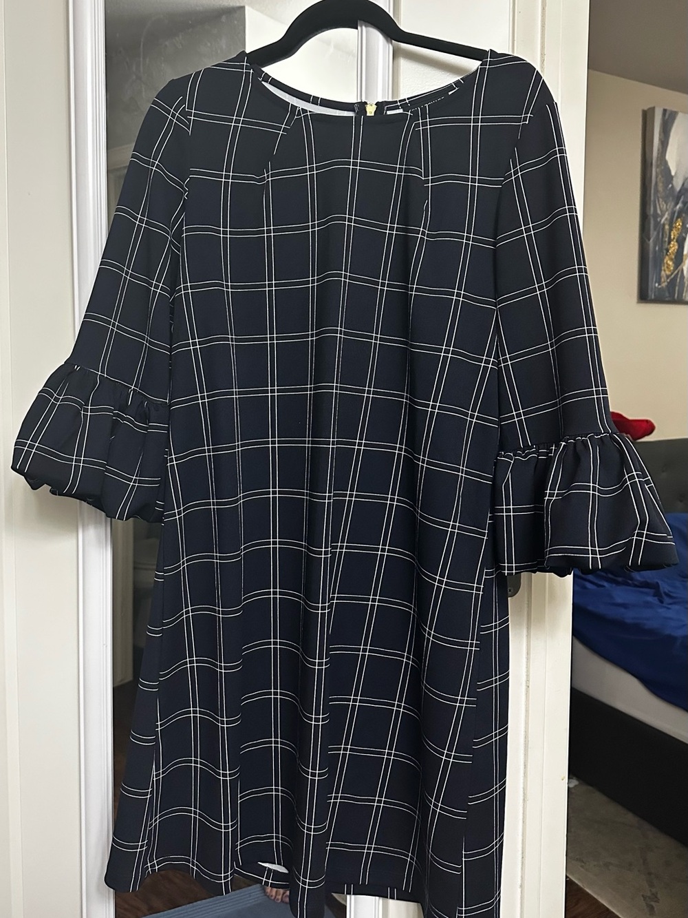 Nina Leonard Navy Windowpane Ruffle-Sleeve Dress
